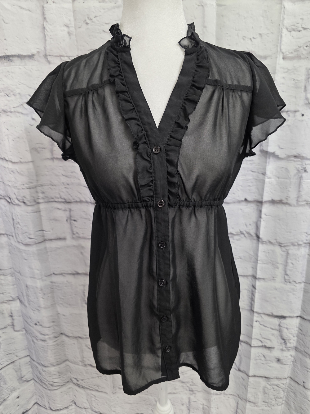 Planet Gold Black Sheer Ruffle Button Blouse Size Medium